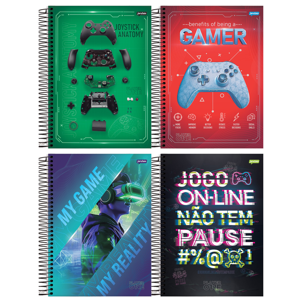 Kit Caderno Universitário 1 Matéria 80 Folhas Capa Dura Player 1 Jandaia -Pacote 4 unidades sortidas em Oferta na Shopee