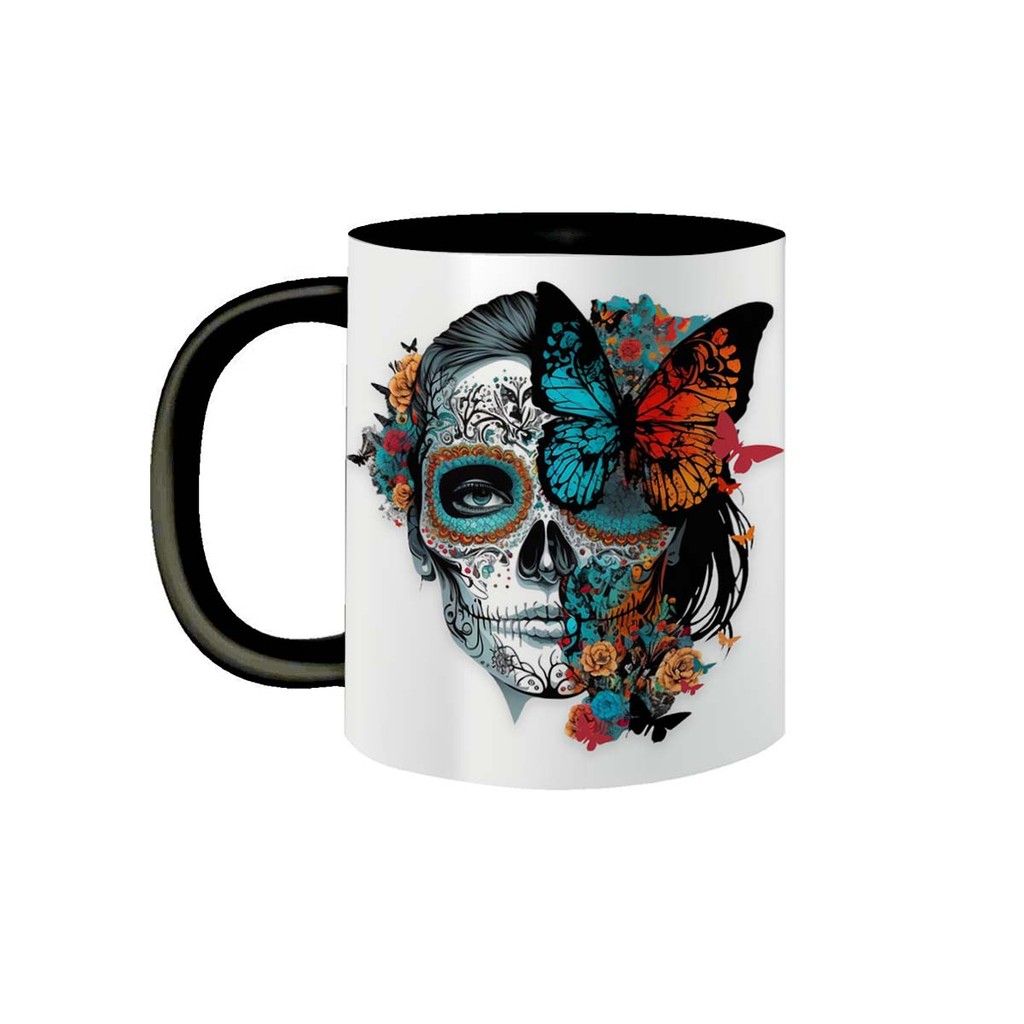 Caneca de Porcelana La Catrina Caveira Mexicana Borboleta