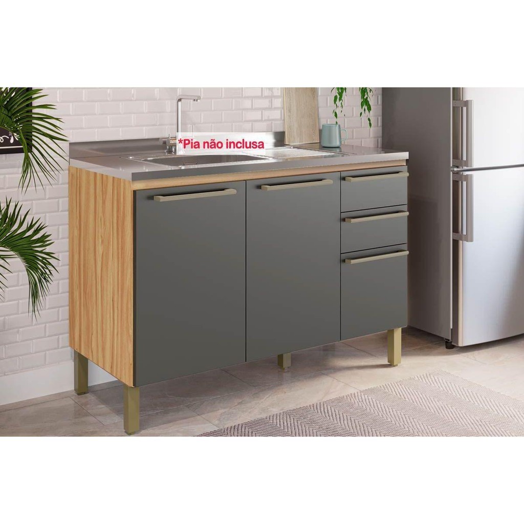Balcão de Cozinha p/Pia Nápoli Prime 3 Portas e 2 Gavetas s/Tampo 120cm Amendoa/Chumbo - Ronipa em Oferta na Shopee