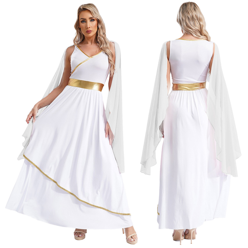 Yeahdor Feminino Branco Deusa Romana Traje Com Decote Em V Sem Mangas Cintura Metálica Vestidos Toga