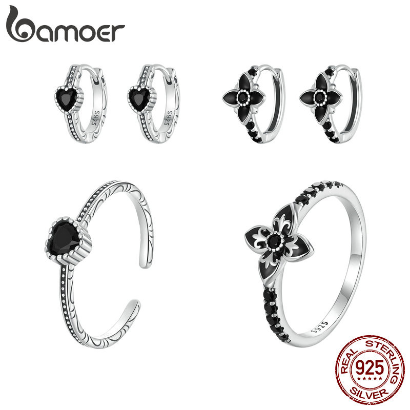 Bamoer 925 Sterling Sliver Brincos Flor Preto Simples Moda Joias Presentes Para Mulheres