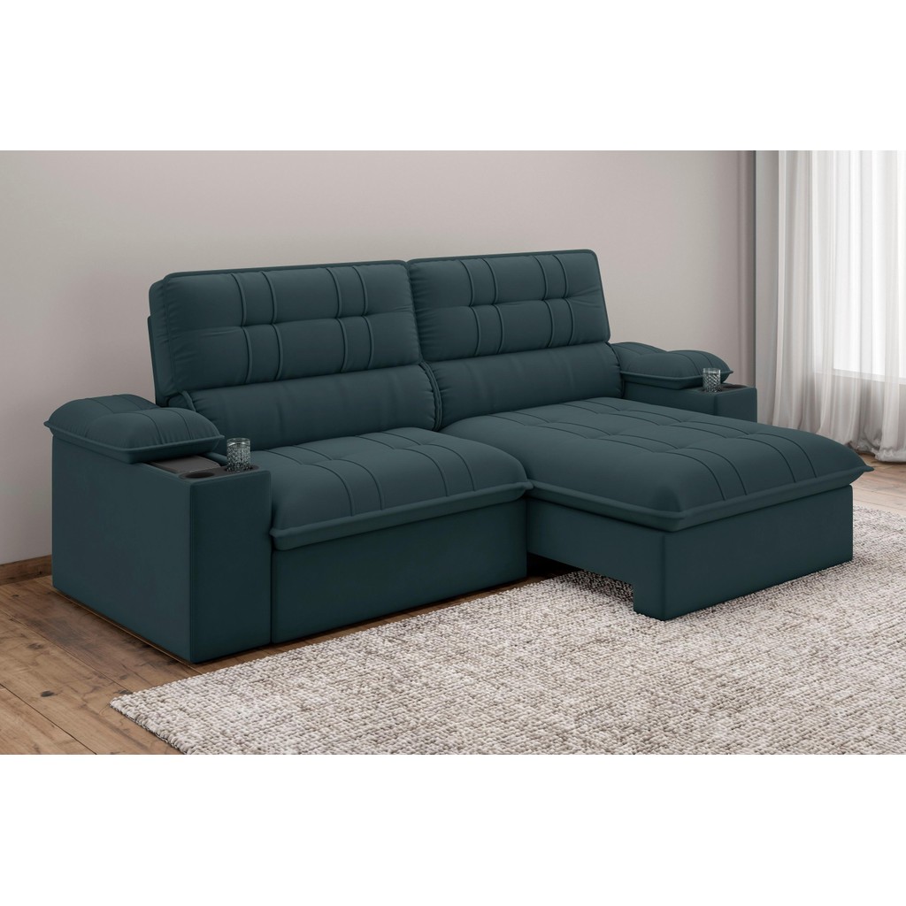 Sofá Stylus 2,10m Retrátil/Reclinável com Porta Copos e Cooler Suede Petróleo - XFlex Sofás