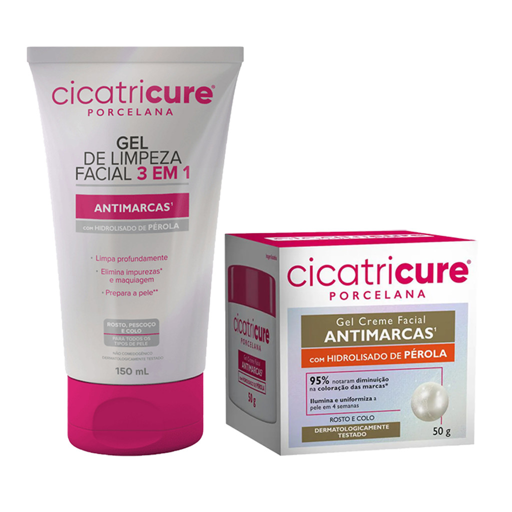 GEL DE LIMPEZA 3 EM 1 150ML  + GEL CREME 50G CICATRICURE PORCELANA em Oferta na Shopee