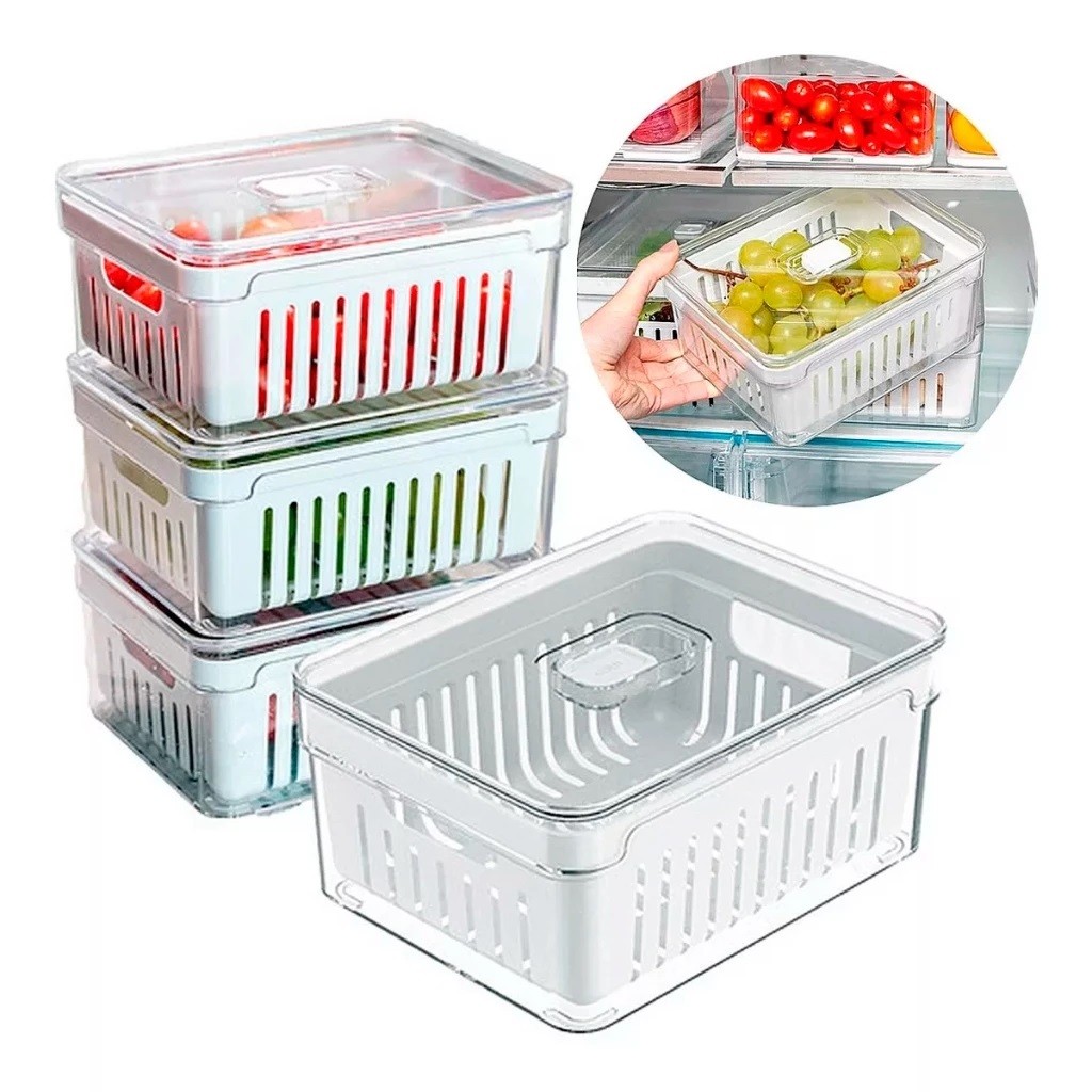 Kit 4 Organizadores Geladeira 2,2 Litros Acrílico Com Cesto para Alimentos Vegetais Cozinh...