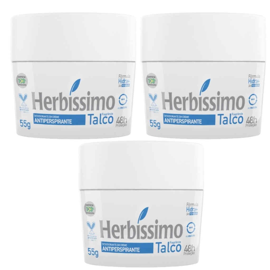 **Vencimento 06/2026**  Kit 3 Desodorante Creme Talco Herbíssimo 55G - Dana     **Vencimento 06/2026**