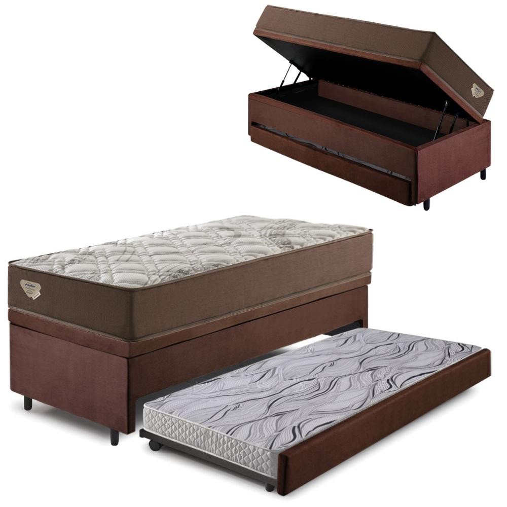 Bicama Box Baú com Suede Marrom 120x203 com Colchão Relax Adorabile Molas Ensacadas Ecoflex
