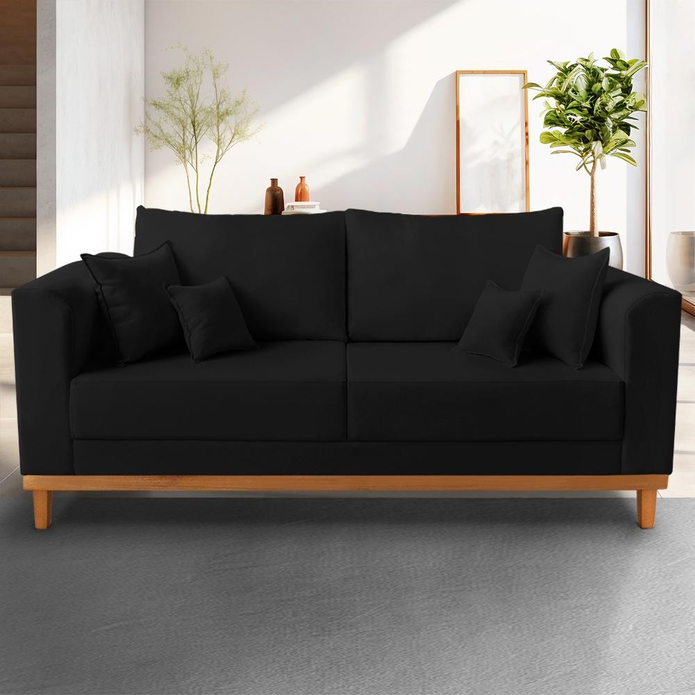 Sofá 3 Lugares Retro Sala de Estar Beny Suede Preto Madeira Estofados