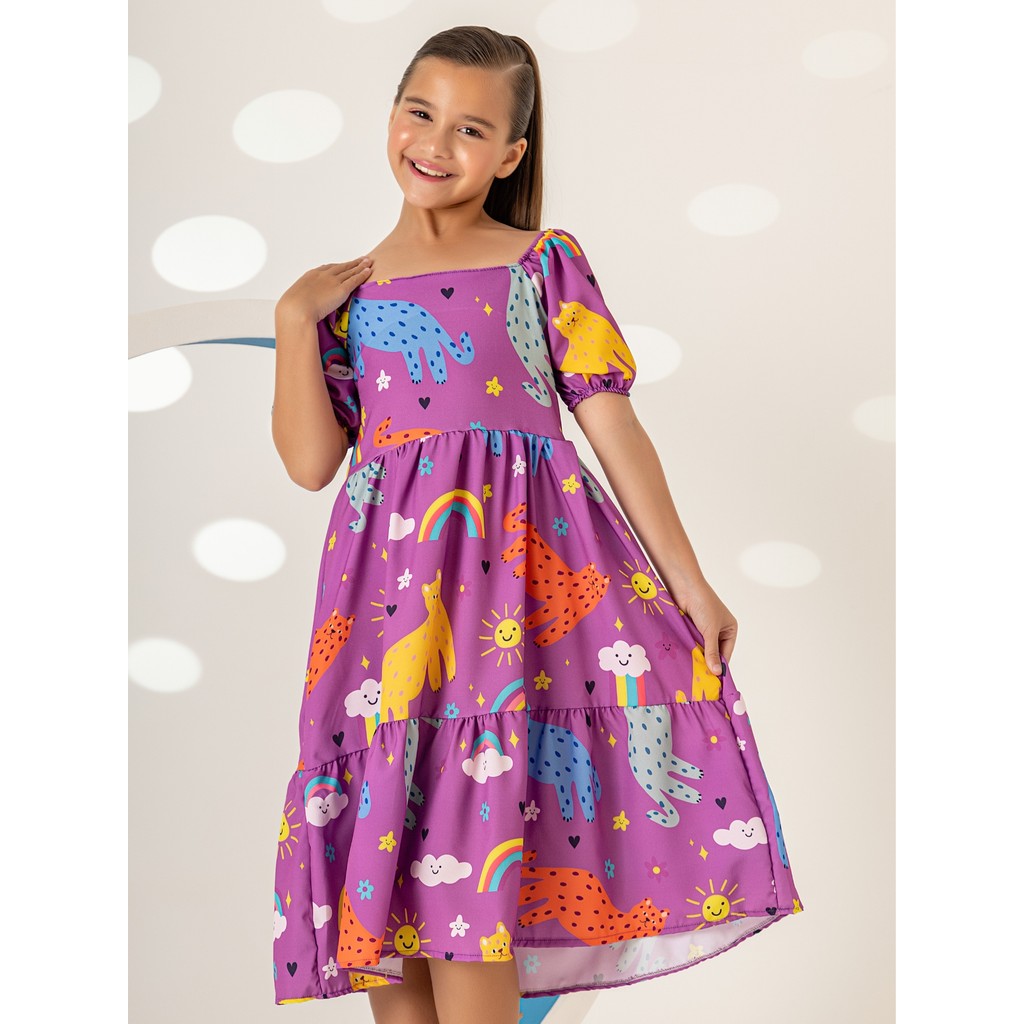 Vestido Lara Gatinho Roxo Estampado Infantil Juvenil, Menina tam. 2, 4, 6, 8, 10, 12, 14, 16