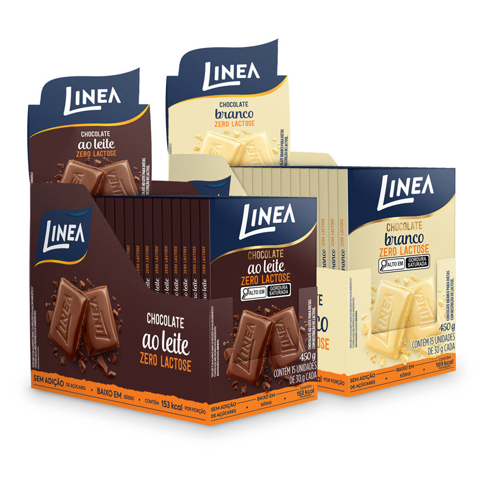 Kit 2 Displays de Chocolate Individual Linea Sabor Branco Zero Lactose e Ao Leite Zero Lactose 15 unidades 30g em Oferta na Shopee