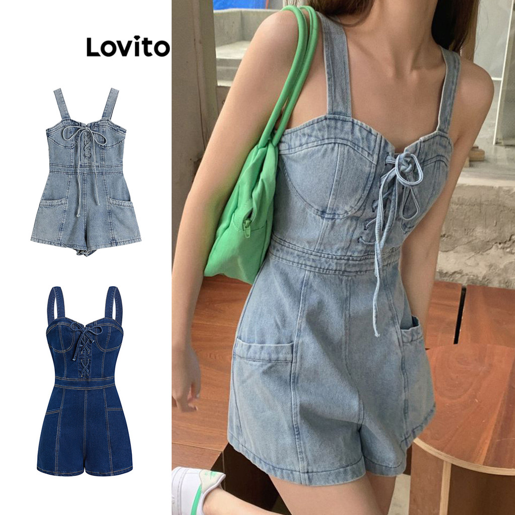 Lovito lace-up macacão jeans casual e macacão feminino com zíper frontal bolso com zíper traseiro LNE55273 - Women Clothes