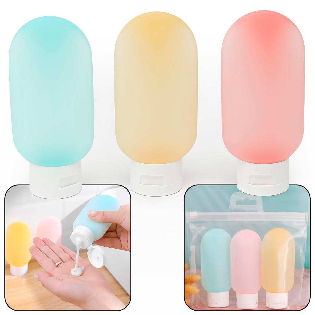 Kit 3 Frascos 60ml Com Recipientes Reutilizáveis e Laváveis de Plástico para Álcool,  Shampoo, Cremes, Sabonete