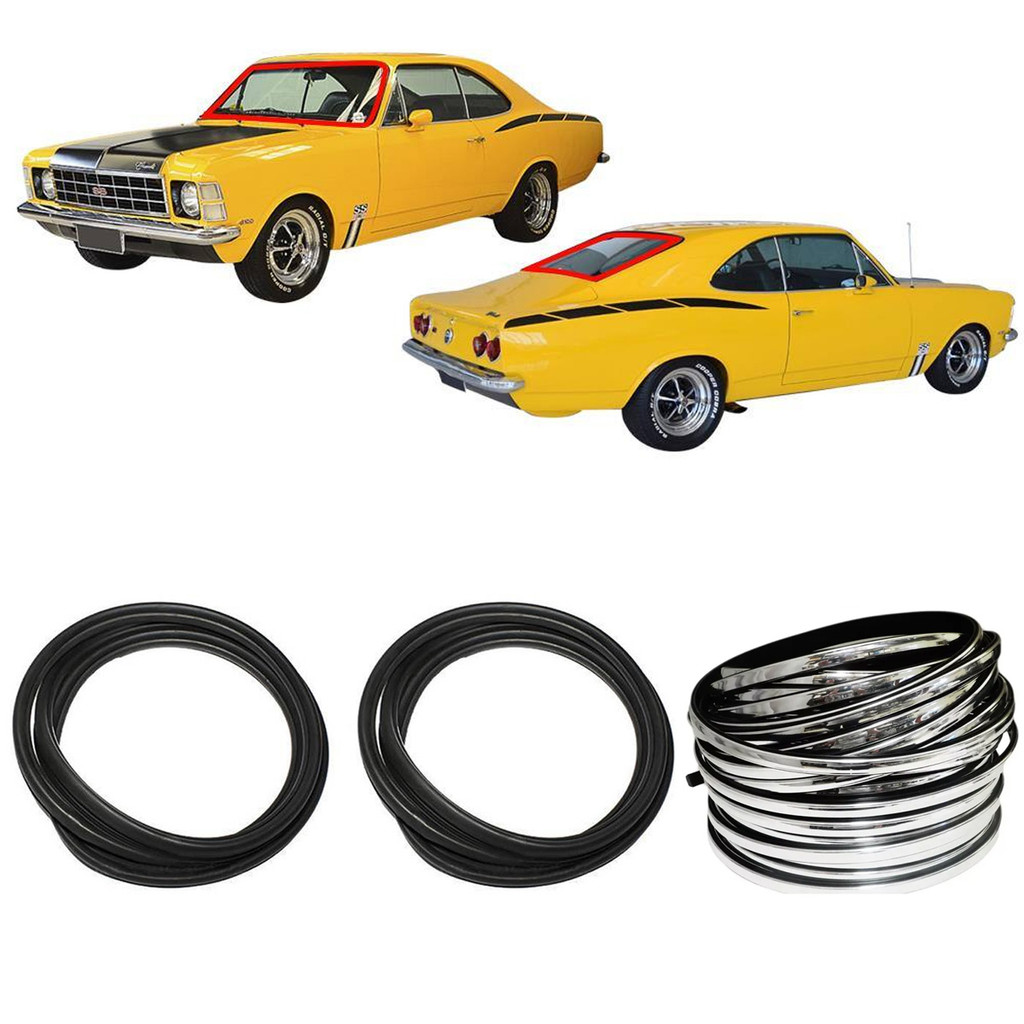 KIT BORRACHA PARABRISA OPALA 68 A 92 + VIGIA TRASEIRO + FRISO PLÁSTICO PRATA 2 PORTAS