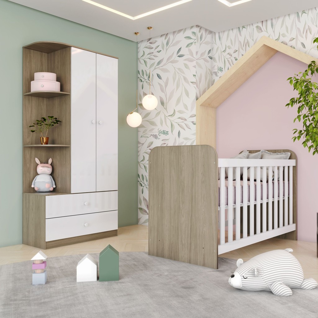 Quarto de Bebê Compacto com Berço e Guarda Roupa Sonho Encantado Espresso Móveis Rústico/Branco em Oferta na Shopee