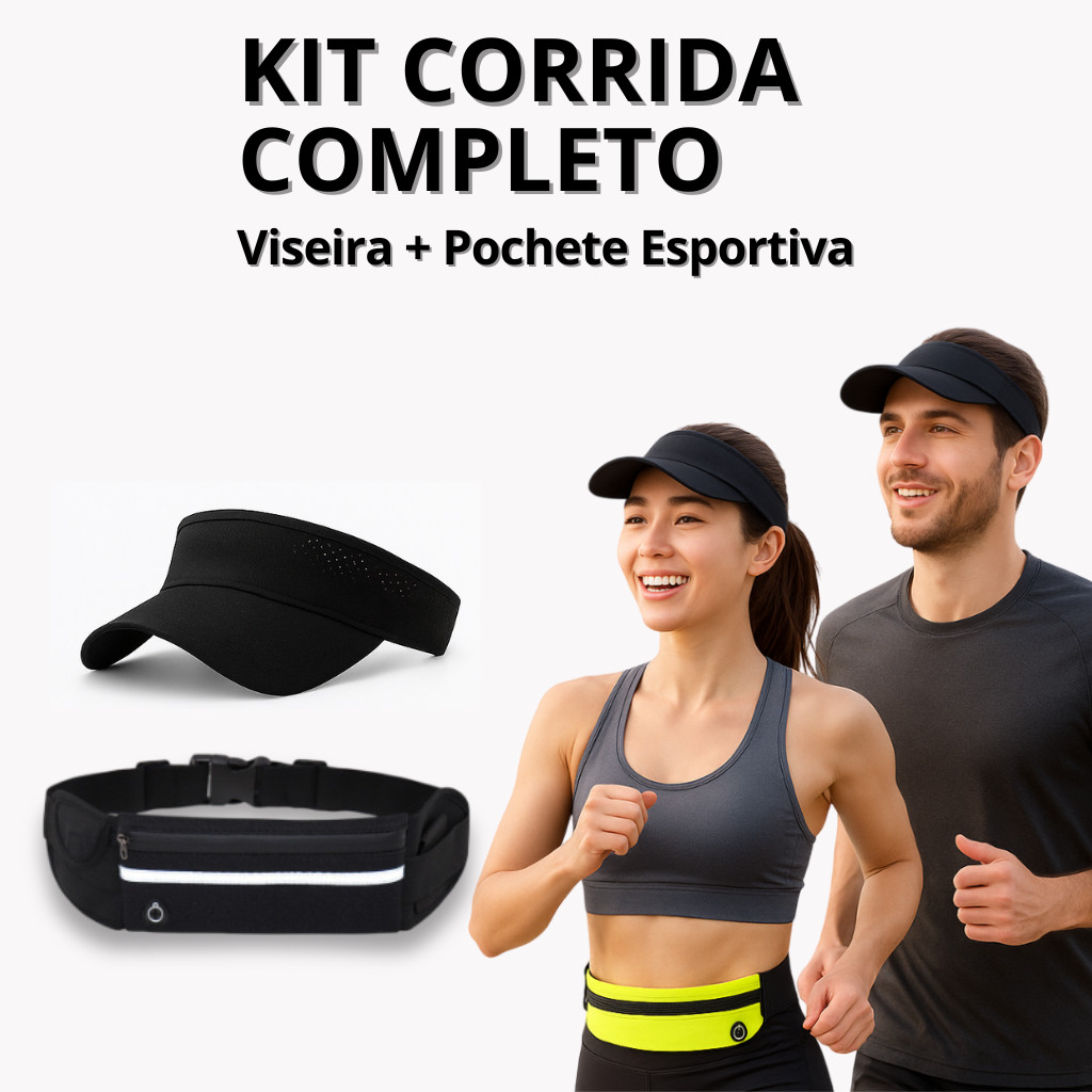 Kit para Corrida Viseira com Aba + Pochete Impermeável com Porta Celular e Refletivo em Oferta na Shopee