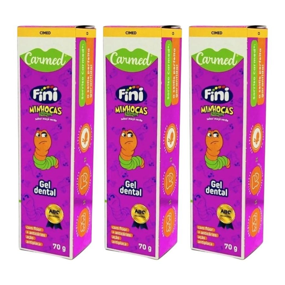 Kit Gel Dental Carmed Fini Minhocas Azedinhas Sabor Maçã Verde Com 3 Unidades De 70g Cada