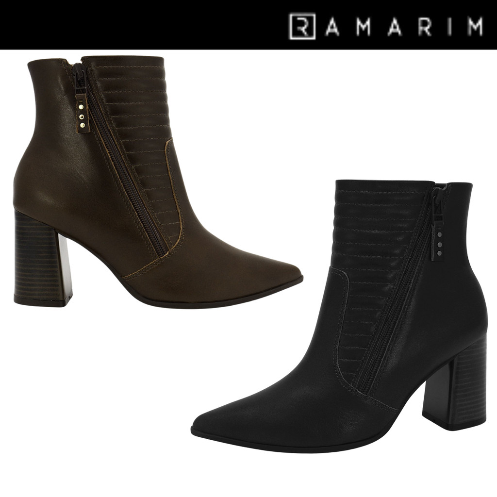 Bota Feminina Ramarim Cano Curto Bico Fino Couro Original Salto Alto Bloco Inverno em Oferta na Shopee