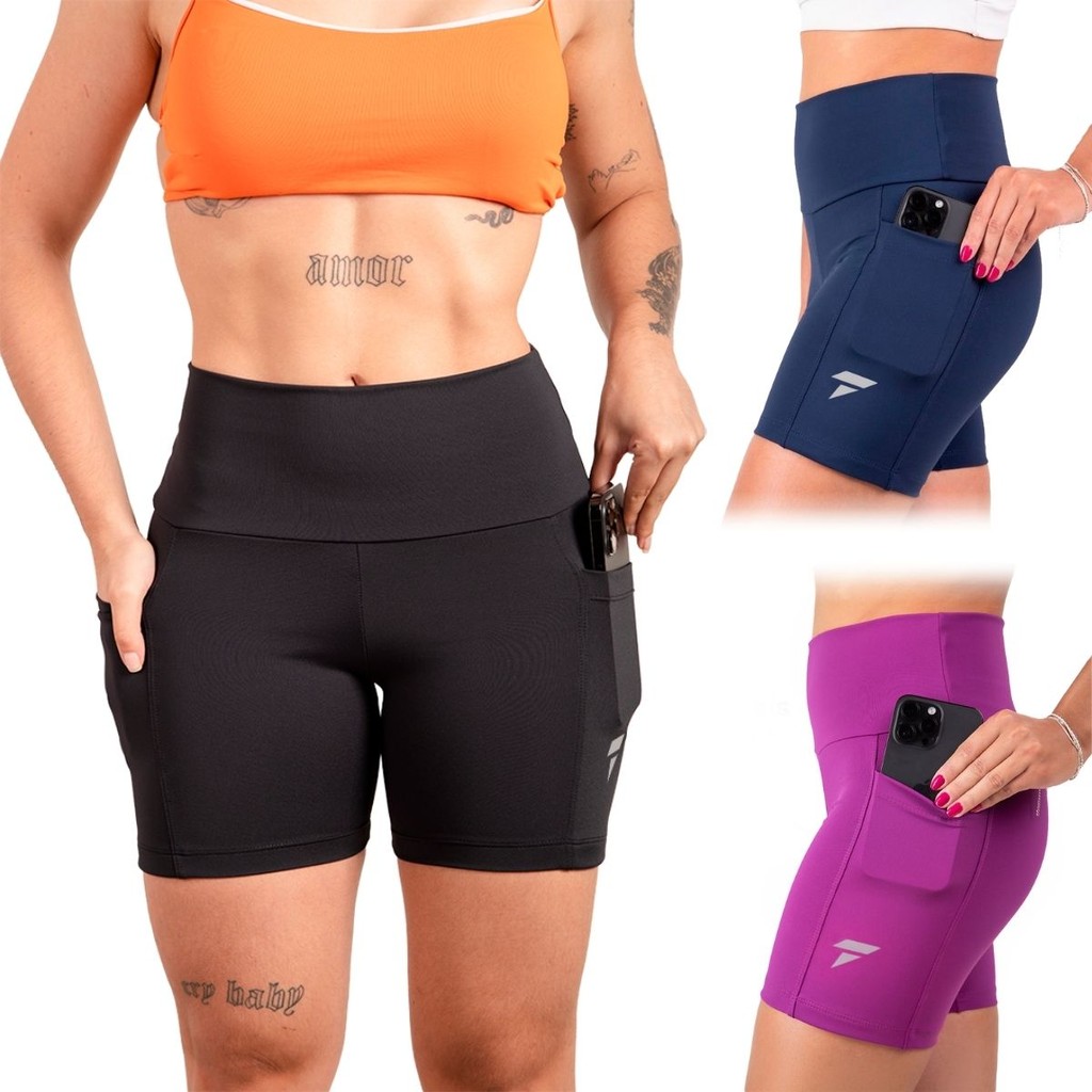Kit 3 Shorts Academia Feminino Fitness com Bolso Bermuda de Compressão Corrida Ginástica Running