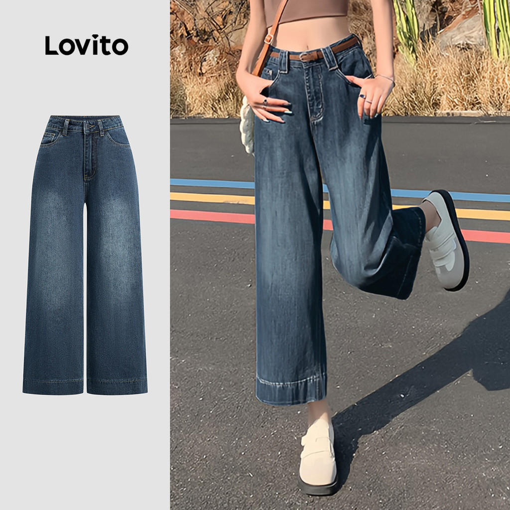 Lovito - Jeans Azul Casual Com Bolso Liso Lavado Para Todas As Estações Para Mulheres L134ED248 - Women Clothes