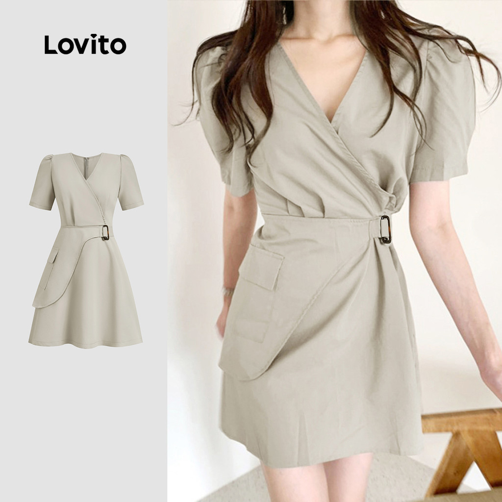 Lovito - Vestido Casual Liso Com Cinto Verão Primavera Marrom Para Mulheres L132ED209 - Women Clothes
