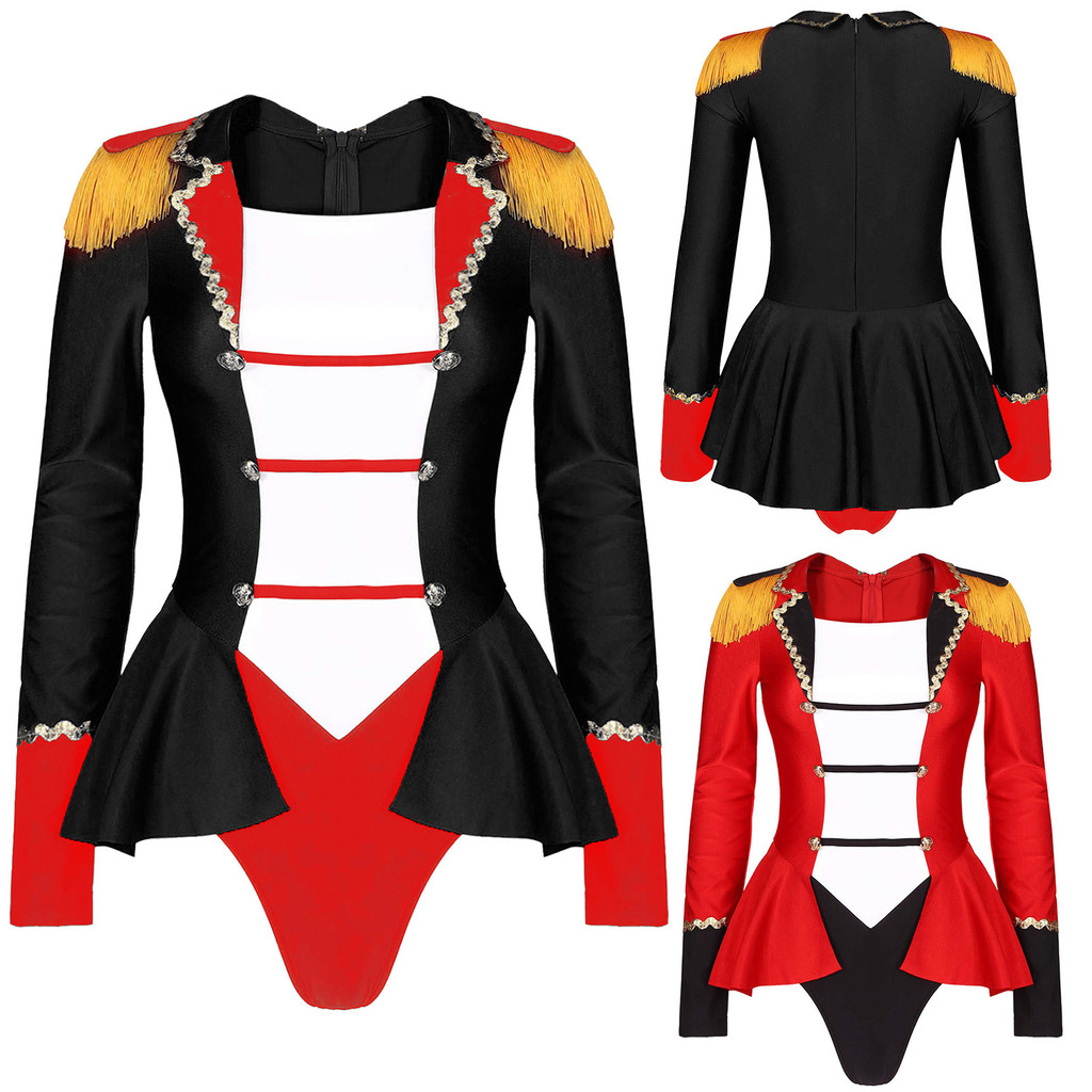 Yeahdor Feminino Circo Ringmaster Role Play Traje Halloween Showman Manga Longa Macacão Cor Bloco Retalhos Contornado Bo