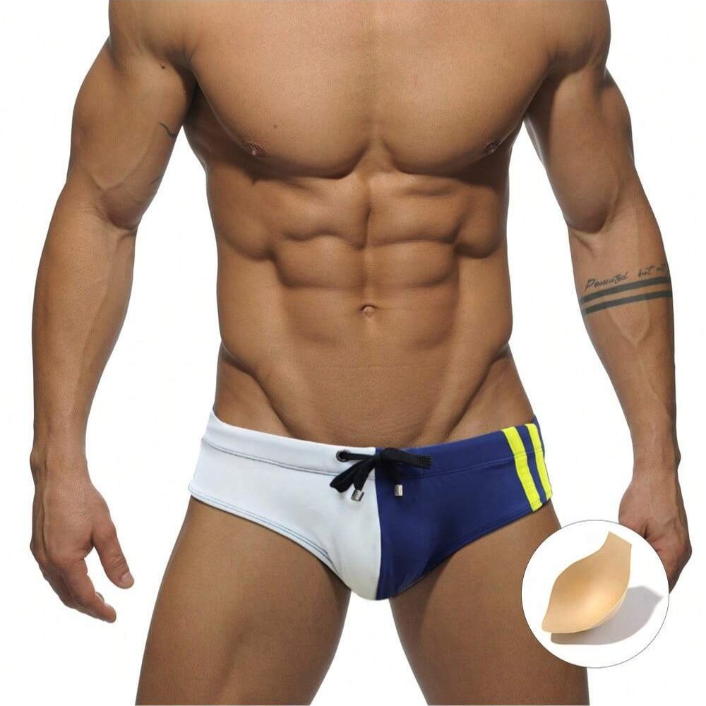 SUNGA masculinas moda retalhos elástico com bojo sexy convexo surf praia