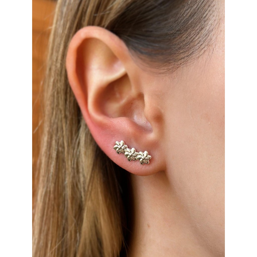 Brincos earcuff e earhook semi joia prata 925 e ouro 18k modelo flores