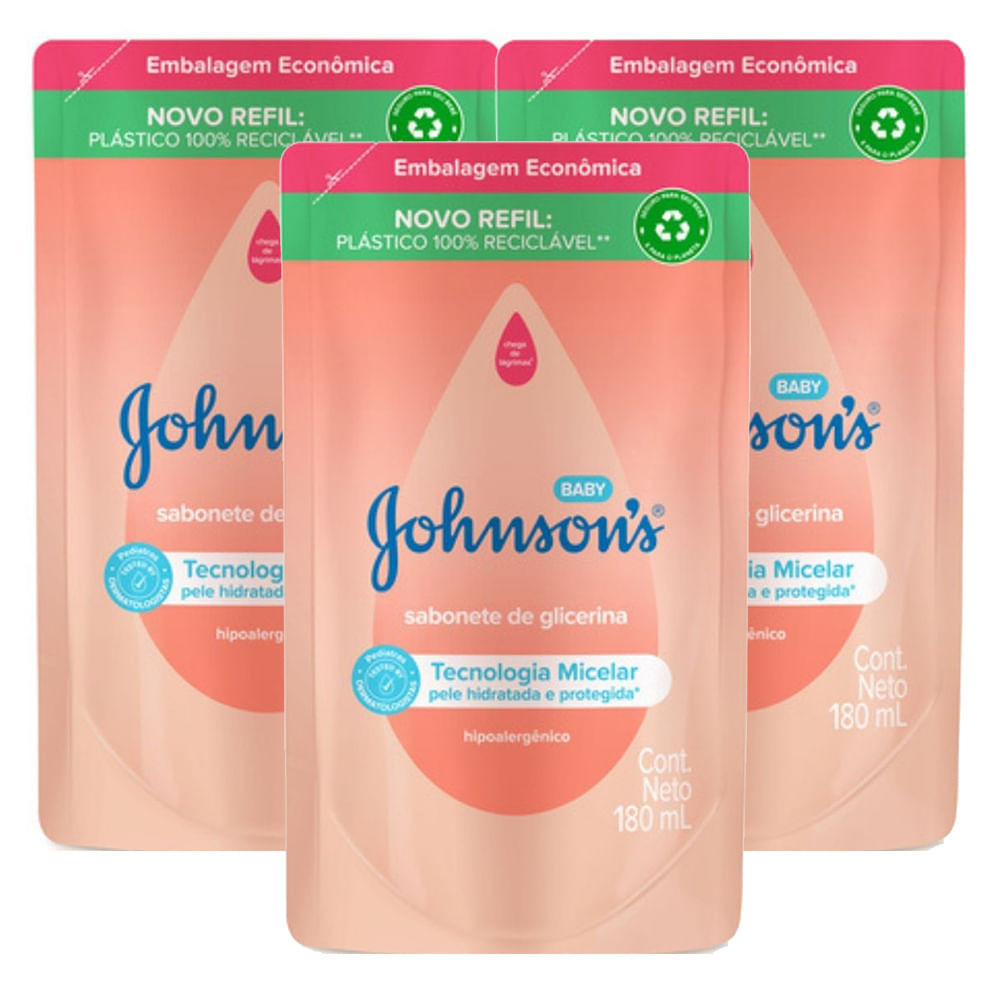 Sabonete Líquido de Glicerina Johnson's Baby Refil 180ml | Kit com três unidades - Mom & Baby