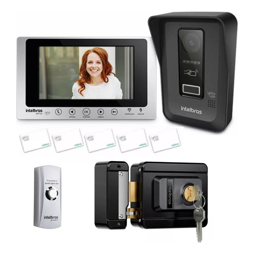 Kit Videoporteiro Intelbras Allo wT7 Lite + Fechadura Elétrica FX 1500 + Botoeira BT 3000 + 5 RFID