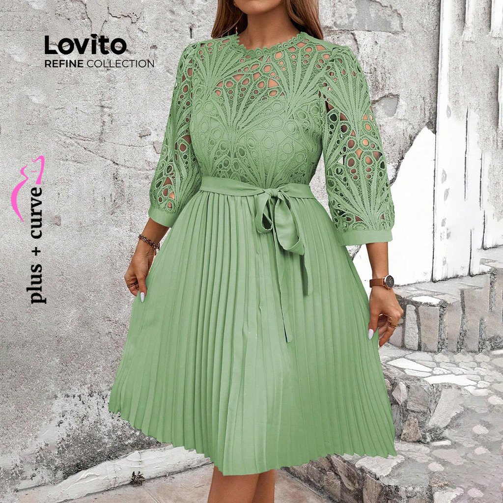 (Trendy) (Lovito Refine) Vestido Plus Size curva elegante liso de camada dupla com cadarço para mulheres LR7LD045 - Women Clothes
