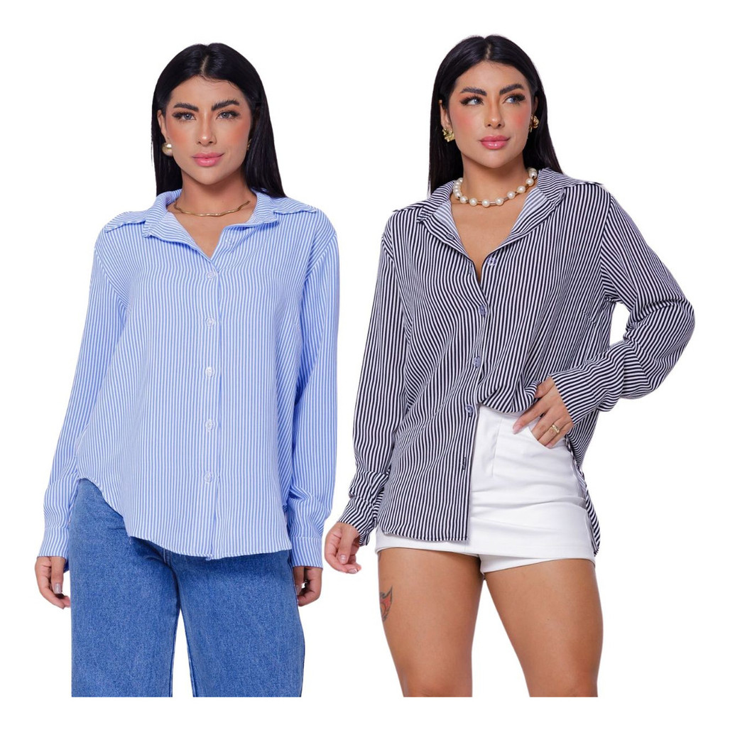 Kit 2 Camisas Social Clássica Listrada Botões Clássica Moda Feminina