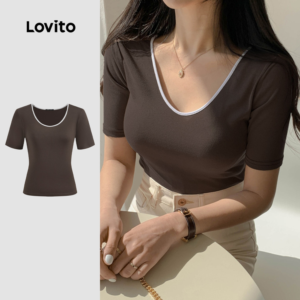 Lovito Camiseta Casual Lisa Com Encadernação Contrastante Para Mulheres L132ED947
