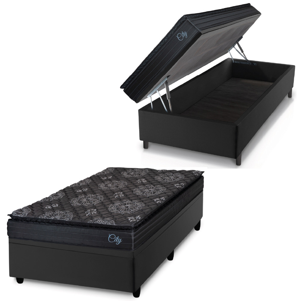 Cama Box Baú Solteiro Colchão Com Molas Ensacadas City Pillow Top 88x188x64cm Preto Hellen