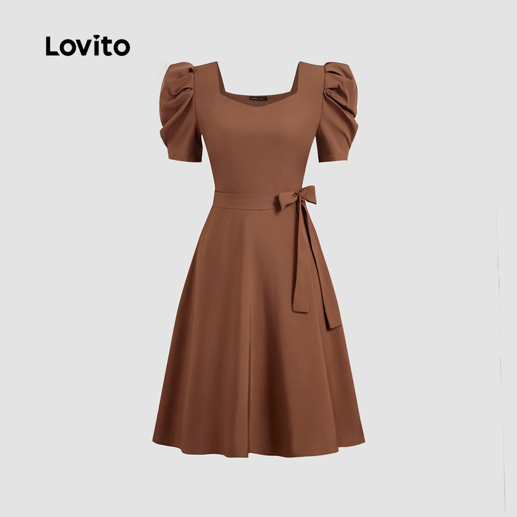 Detalhes do (New) Lovito Vestido Casual com Babados Primavera/verão Marrom para Mulheres L142ED1031