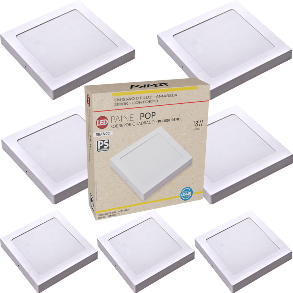Kit 7 Luminária de Teto Painel Plafon 18W Sobrepor Branco Quente 3000K Bivolt em Oferta na Shopee