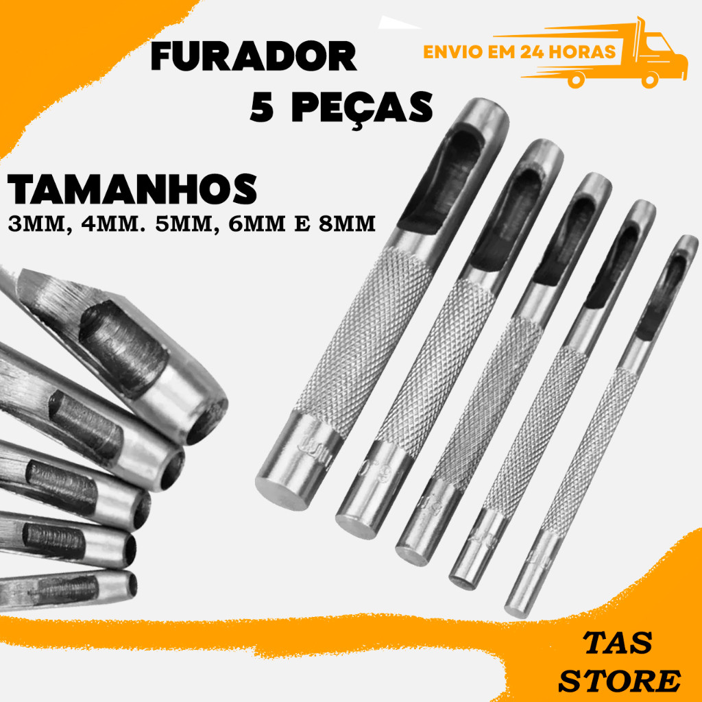 Kit 5 ou 6 Peças Furador Vazador Couro Profissional 3/4/5/6/7/8mm Perfurador Cinto Agulhão de Artesanato