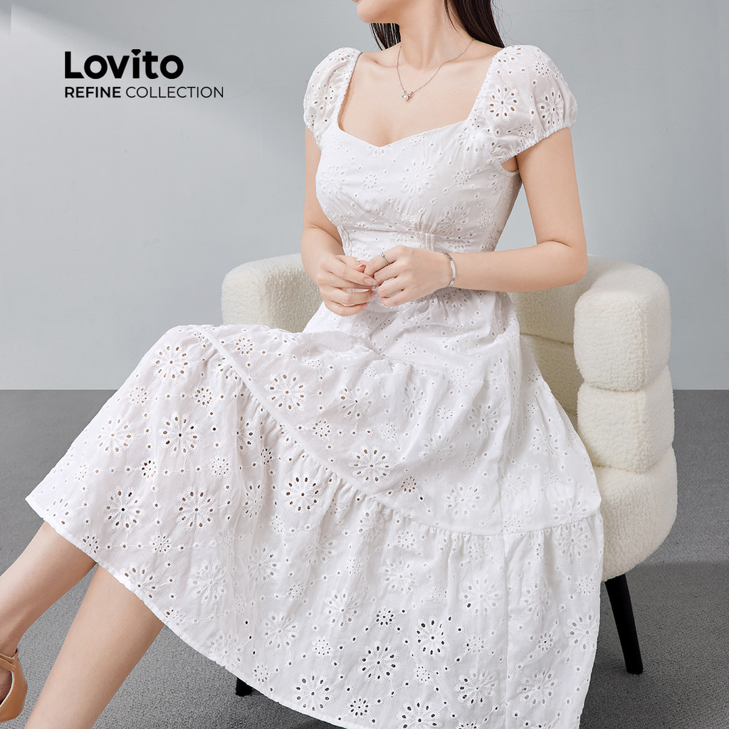 (Lovito Refine) Vestido Elegante De Algodão Estruturado Com Jacquard Para Primavera/verão Branco Para Mulheres LR13E224 em Oferta na Shopee