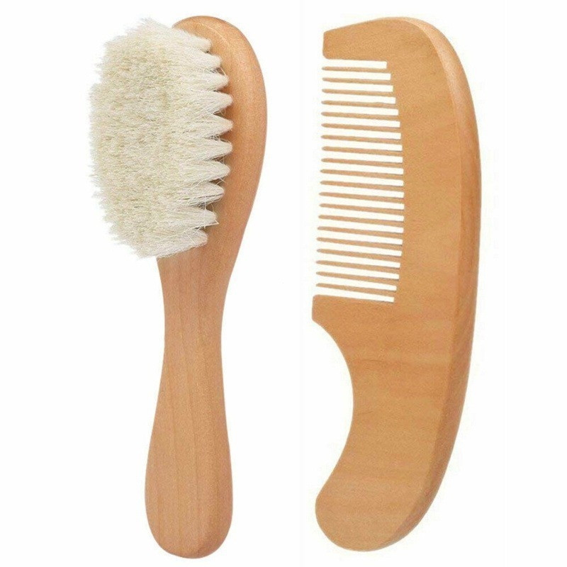 2 peças Escova de Cabelo para Cuidados com Bebês, Lã Macia, Pente de Madeira, Massageador para Recém-Nascidos, Caixa de