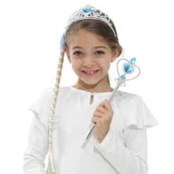 Kit Princesa Elsa Com Tiara Trança Varinha Brilhante