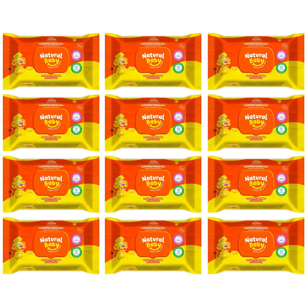 kit 12 pacotes de Toalhas Umedecidas Natural Baby 60 unidades