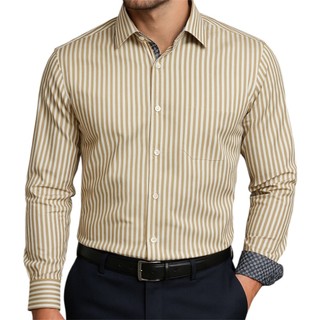 Camisa Social Masculina Empório Colombo Slim Listrada Caqui 100% Algodão Várias Cores