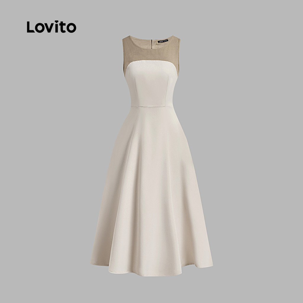 (Elegante) Lovito Tecido de Vestido com Costura Vestido Plissado de Primavera/verão Caqui para mulheres L149ED138
