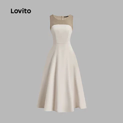 (Elegante) Lovito Tecido de Vestido com Costura Vestido Plissado de Primavera/verão Caqui para mulheres L149ED138