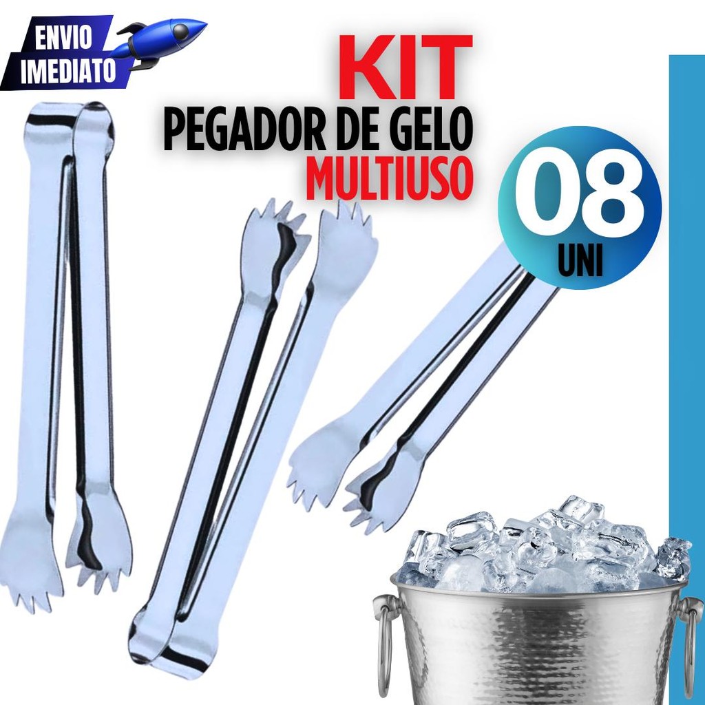 Conjunto 08 Peças - Pegador Inox Premium Gelo Salada Churrasco Frios Variáveis Utilidades  Multiuso 18,5cm