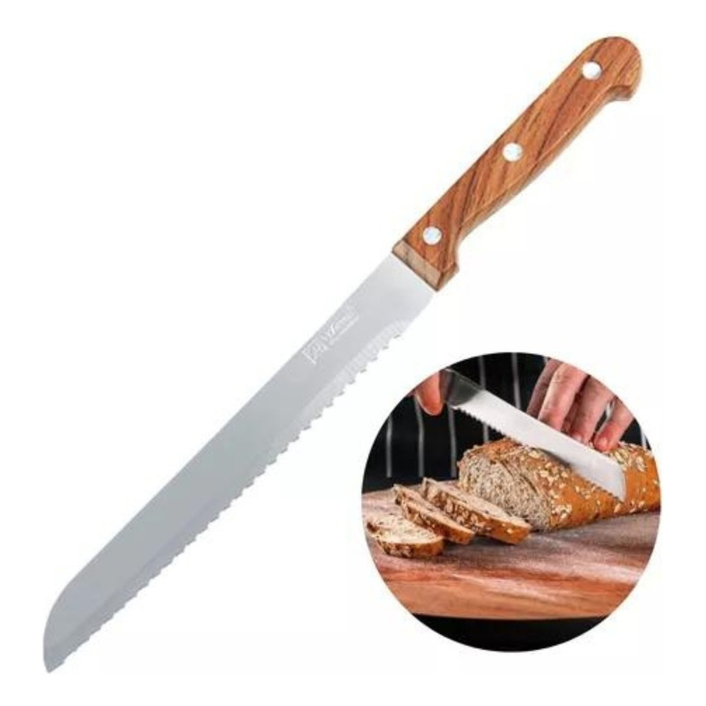 Faca Para Pães Bolos Serra Serrilhada Aço Inox Cabo Madeira