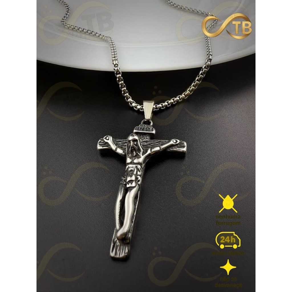 TB Presentes Colar Masculino Corrente com Pingente Crucifixo INRI JESUS Aço Inoxidável 316L 70CM — imagem 2 de 2