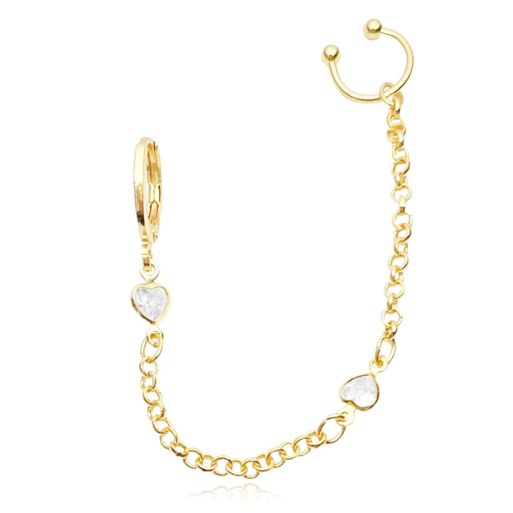 Brinco Argola Ear Cuff com Coração em Zircônia Banhado a Ouro 18k Brinco Percing