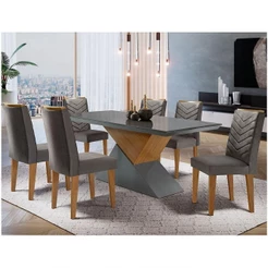Mesa Tampo Mdf E Vidro 6 Cadeiras Liz Moderna Grafite/Imbuia