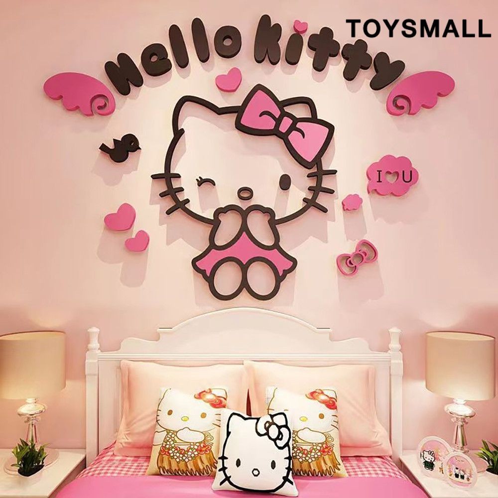 Olá Kitty Adesivos de Parede Adesivos de Quarto de Menina Decorações de Desenhos Animados 3d Estereoscópico Quarto de Crianças Adesivos de Parede de Cabeceira -toysmall