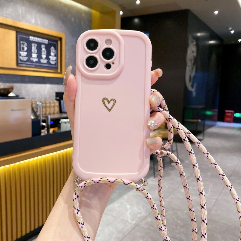 Estufado Rosa Amor Transversal Cordão Capa Para IPhone 15 11 12 13 14 Pro Max XR X XS 8 7 Plus SE Macia Oval em Oferta na Shopee