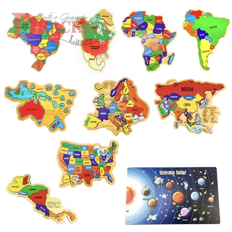 Kit Quebra-cabeça Mapas África, Oceania, BR, América do Sul e Norte, Central Ístmico, Europa, Ásia, EUA, Sistema Solar